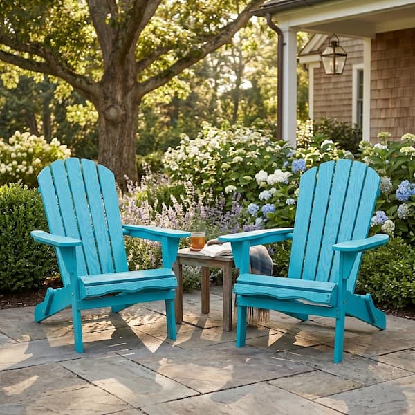 Turquoise Blue Solid Wood Outdoor Folding Adirondack Chair Set(2