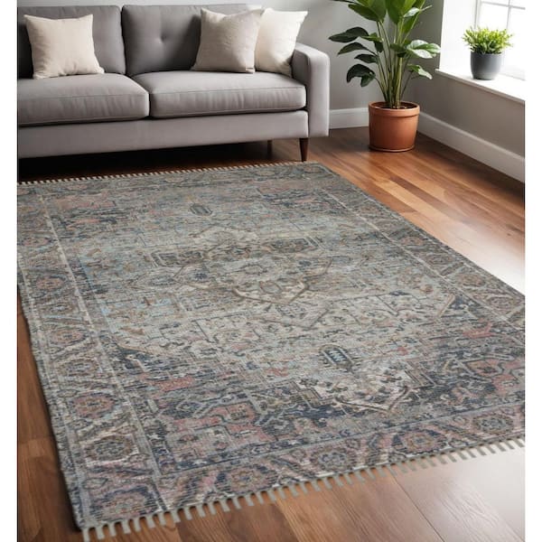 5 ft. x 7 ft. Light Blue Gray And Pink Oriental Hand Woven Area Rug With Fringe