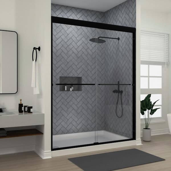 niveal Bliss 60 in. W x 72 in. H Sliding Semi-Frameless Shower Door in Matte Black with Clear Glass