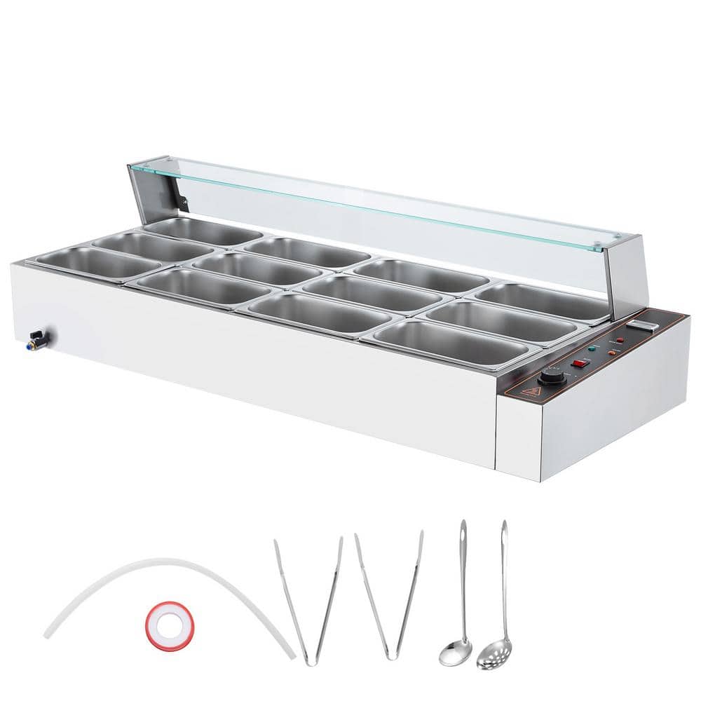 Commercial Food Warmer 60 qt. Stainless Steel Electric Steam Table with Glass Cover, 3200W with Thermometer