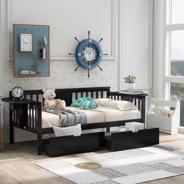 Harper & Bright Designs Espresso Twin Size Wood Daybed with 2 Foldable Tables, 2 Drawers