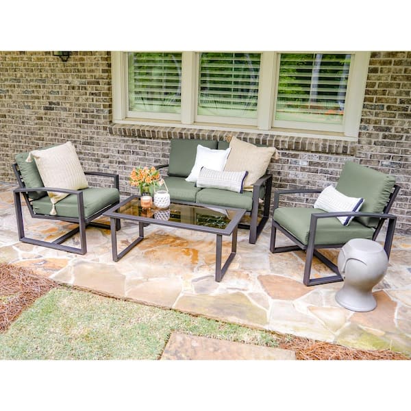 Leisure Made Jasper 4-Piece Aluminum Patio Conversation Set with Sunbrella Sage Cushions
