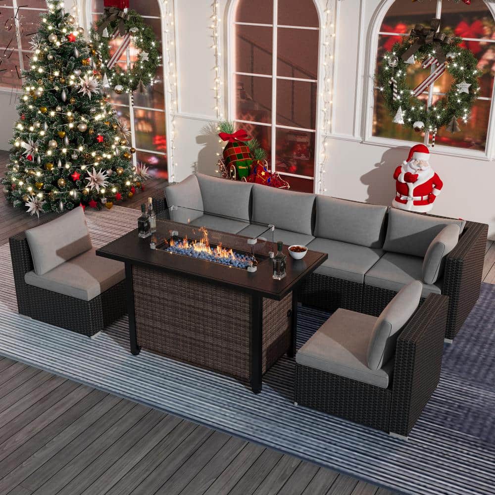 8-Piece Wicker 6-Seat Patio Rectangle Fire Pit Conversation Set with Gray C