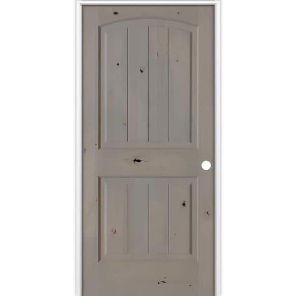 30 in. x 80 in. Rustic 2-Panel Arch Top VG Left-Hand Weathered Gray Stain Knotty Alder Wood Single Prehung Interior Door