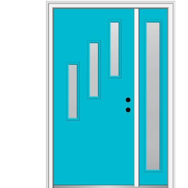 MMI DOOR 51 in. x 81.75 in. Davina Frosted Glass Left-Hand 3-Lite Modern Painted Fiberglass Smooth Prehung Front Door w/ Sidelite