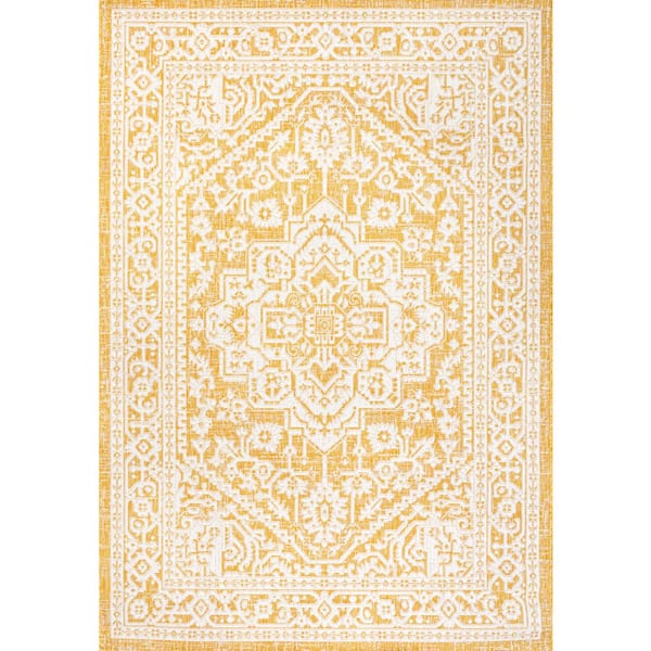 Sinjuri Medallion Textured Weave Yellow/Cream 9 ft. x 12 ft. Indoor/Outdoor Area Rug