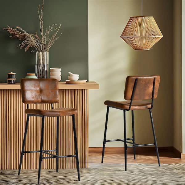 POMONA 26.7 in. Saddle Brown Suede Upholstered Counter Height Bar Stools with Black Metal Legs (Set of 2)