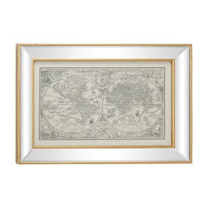 28.5 in. x 19.5 in. Vintage Style Petrus Plancius World Map Illustration Textile in Rectangular Mirror and Gold Frame