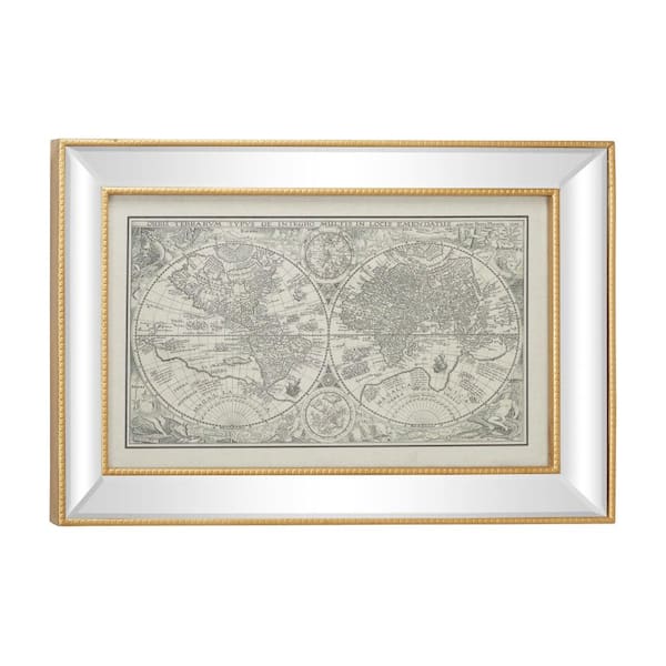Litton Lane 28.5 in. x 19.5 in. Vintage Style Petrus Plancius World Map Illustration Textile in Rectangular Mirror and Gold Frame