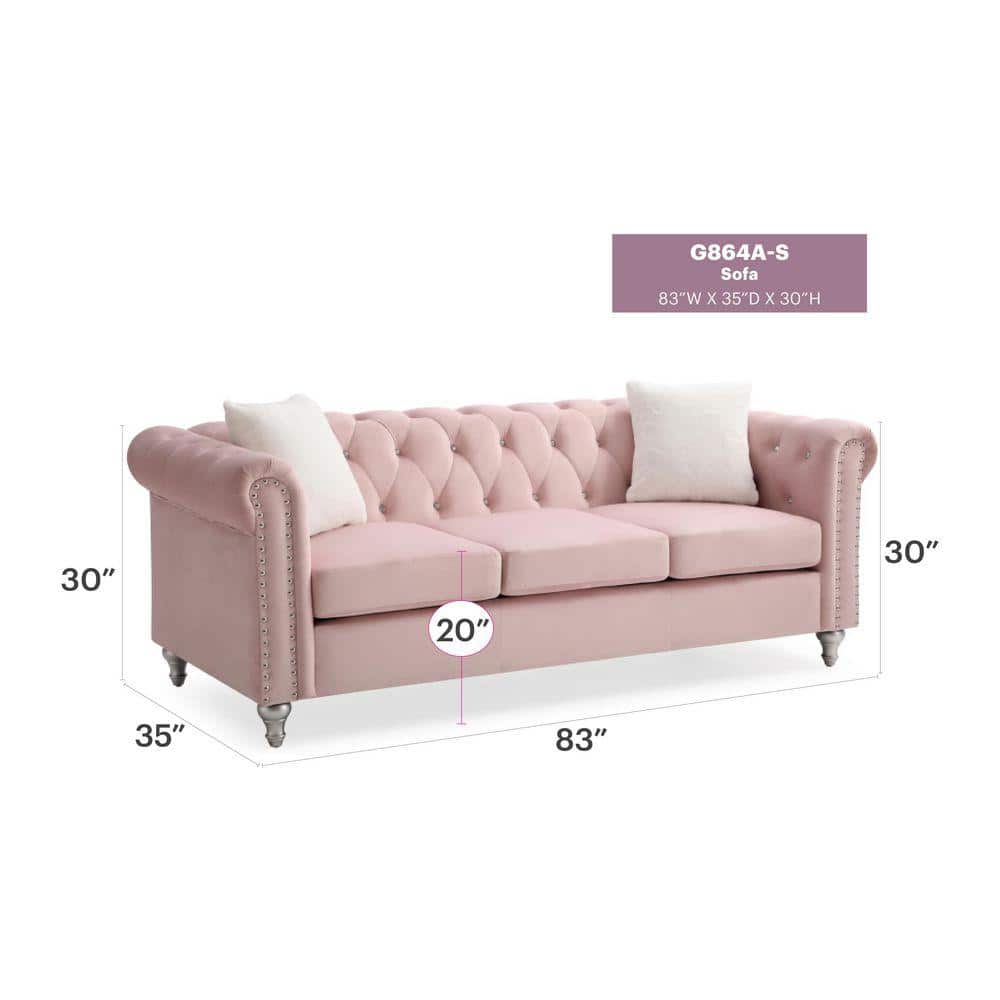 Measurement diagram of a pink velvet sofa showing dimensions.