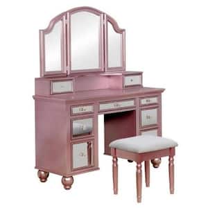 2-Piece Pink, Gray and Rose Gold Makeup Vanity Set with Stool and 9 Drawers
