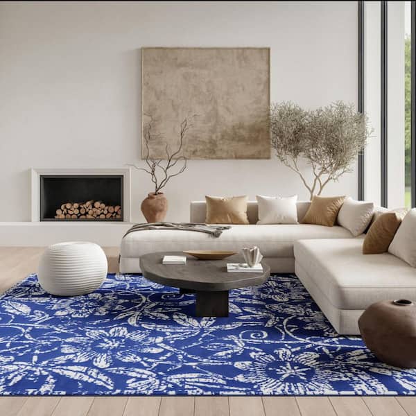 8 ft. x 12 ft. Blue Floral Washable Area Rug