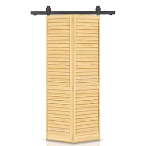 24 in. x 80 in. Louver Natural Wood Solid Core Bi-Fold Barn Door with Sliding Hardware Kit