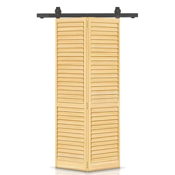 CALHOME 24 in. x 80 in. Louver Natural Wood Solid Core Bi-Fold Barn Door with Sliding Hardware Kit