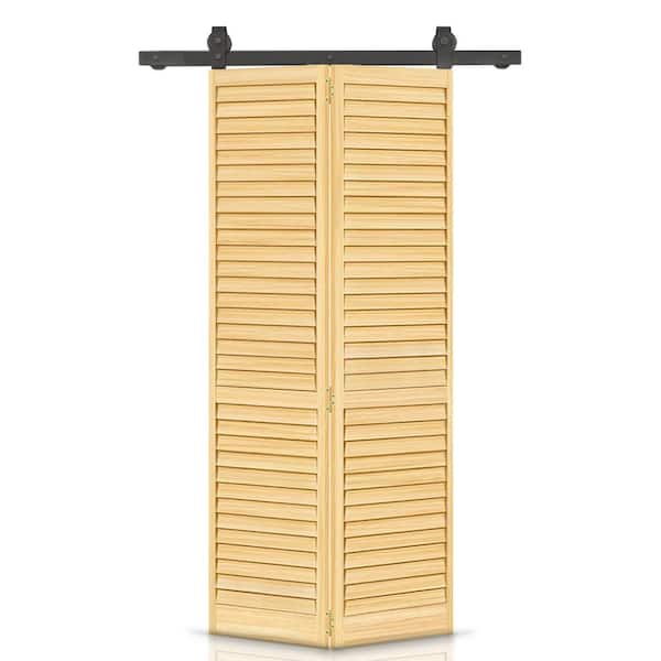 CALHOME 30 in. x 80 in. Louver Natural Wood Solid Core Bi-Fold Barn Door with Sliding Hardware Kit