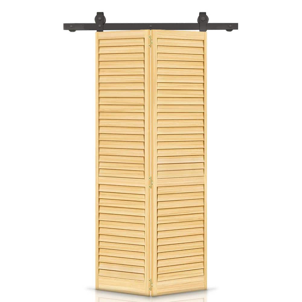 60 in. x 80 in. Louver Natural Wood Solid Core Double Bi-Fold Barn Door with Sliding Hardware Kit price history on PriceWatchPro