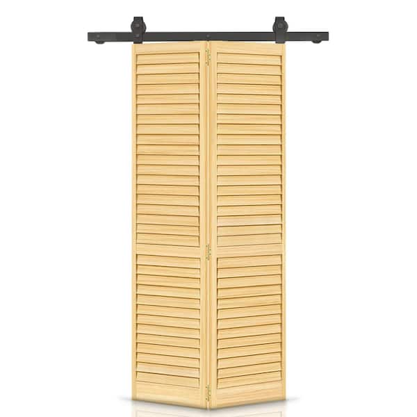 CALHOME 60 In. X 80 In. Louver Natural Wood Solid Core Double Bi-Fold ...