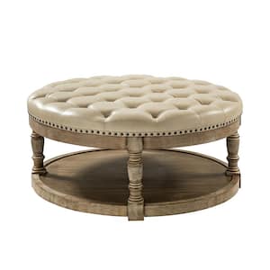 Chloe Beige 35.5 in. Wide Vegan Leather Tufted Transitional Square Coffee Table Ottoman with Solid Wood Legs