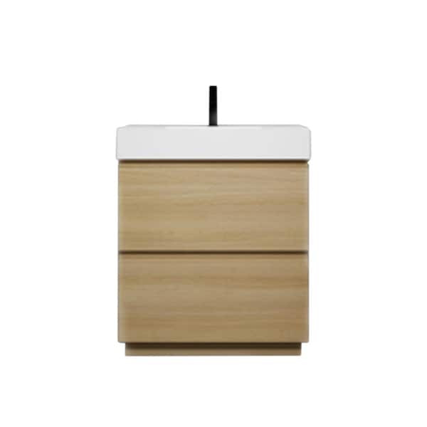 FUNKOL 18 in. W x 29 in. D x 35 in. H 1-Sink Freestanding Bath Vanity in Oak with White Resin Top and 2 Drawers