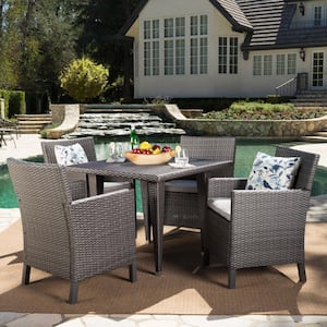 Celeste 29 in. Grey 5-Piece Metal Square Outdoor Dining Set with Light Grey Cushions