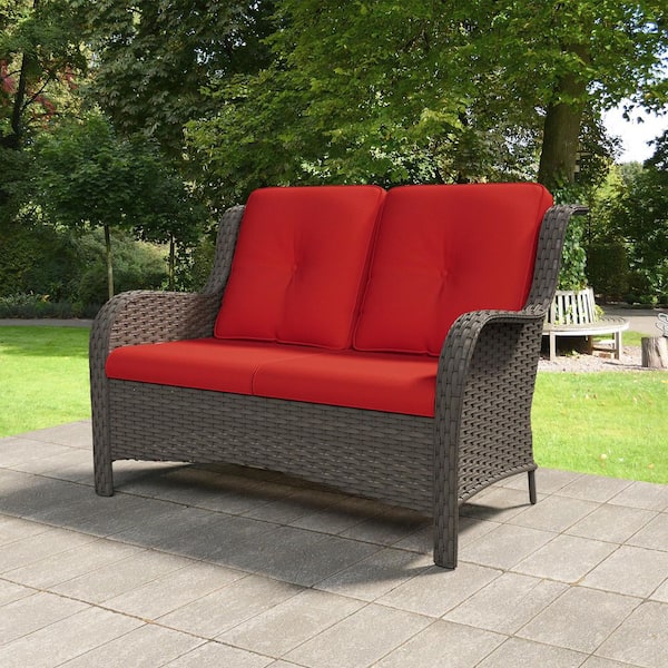 Brown Wicker Outdoor Patio Deep Seating Loveseat Couch with Red Cushions