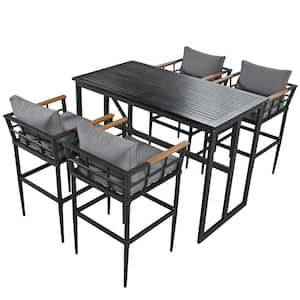 Black 5-Piece Metal Outdoor Dining Set with Acacia Wood Armrest and Gray Cushions