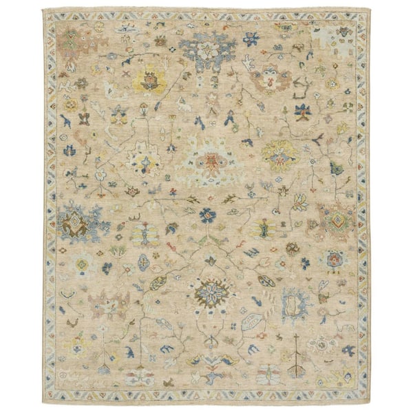 2' X 3' Beige Blue And Yellow Wool Oriental Hand Knotted Area Rug With Fringe