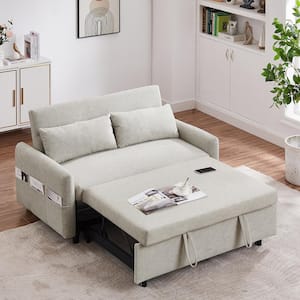Loveseat 55.1 in. Beige Microfiber Twin Size Sleep Sofa Bed, Adjustable Backrest, Storage Pockets and 2-Soft Pillows
