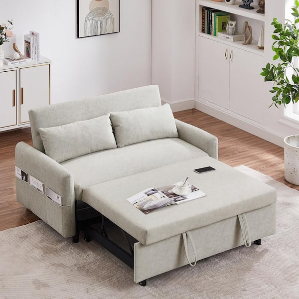 Harper & Bright Designs Loveseat 55.1 in. Beige Microfiber Twin Size Sleep Sofa Bed, Adjustable Backrest, Storage Pockets and 2-Soft Pillows