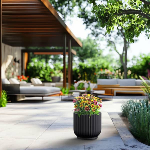 11.5 in. Medium Charcoal Black (Enhanced Interior) Concrete Round Planter / Pot with Drainage Holes