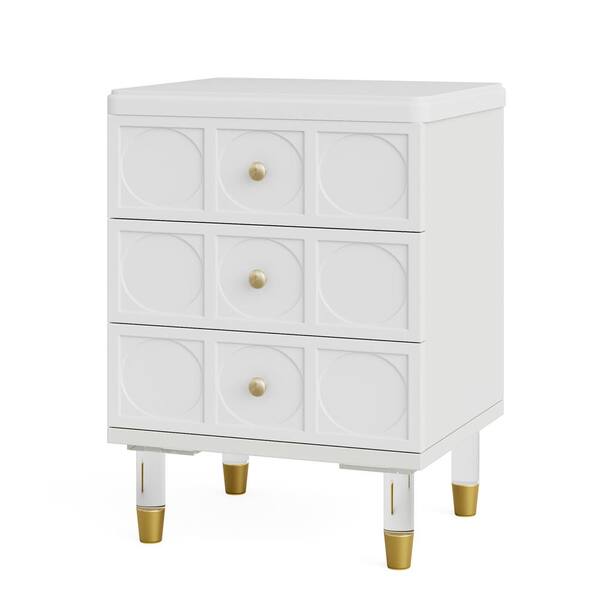 BYBLIGHT Fenley White Gold 3 Drawers 17.7 in. Nightstand Bedside Table, Sofa End Table, Bedroom Night Stand with Storage