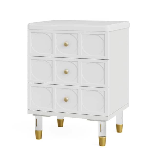 BYBLIGHT Fenley White Gold 3 Drawers 17.7 in. Nightstand Bedside Table, Sofa End Table, Bedroom Nightstand with Storage