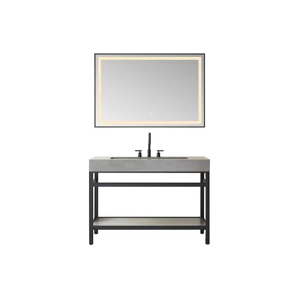 ROSWELL Lleida 48 in. W x 22 in. D x 34 in. H Single Sink Bath Vanity in Matt Black W/Grey Natural Sintered Stone Top and Mirror