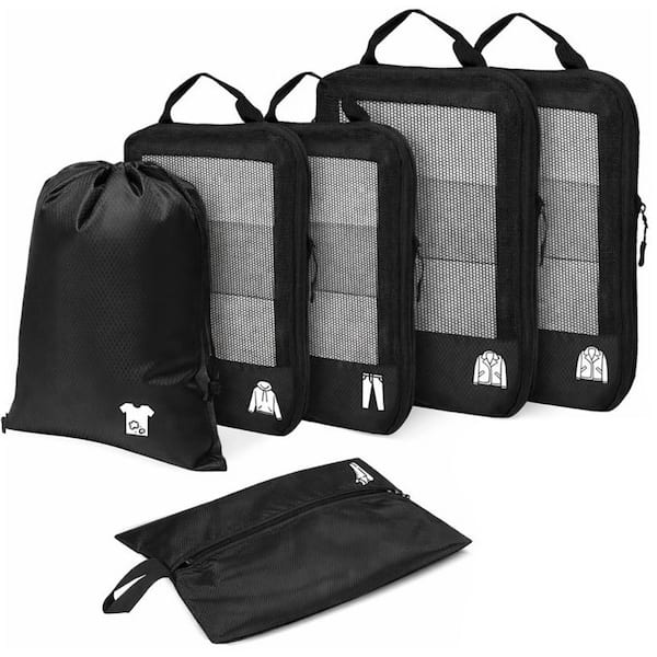 Black 6 PCS Compression Packing Cubes Suitcase Organizer Lightweight Travel Luggage Bags for Clothes Shoes Laundry
