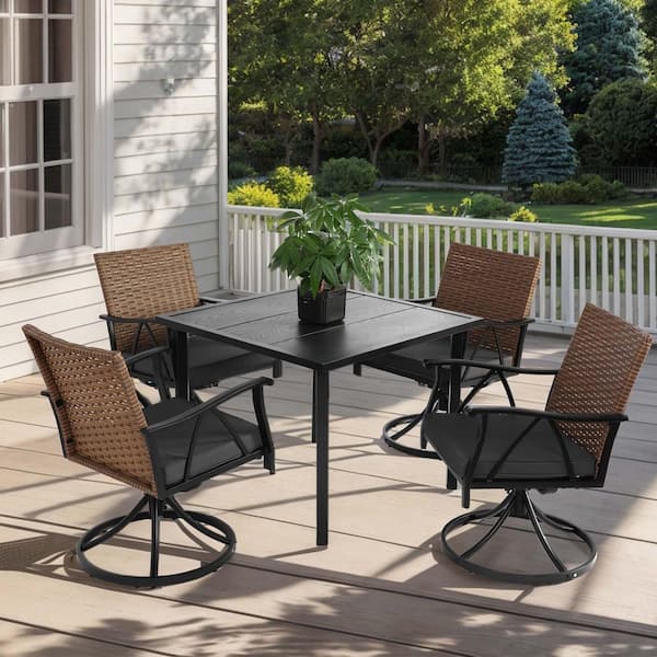 5-Piece Wicker Patio Conversation Set with 4 Gray Cushions Swivel Rocker Chairs