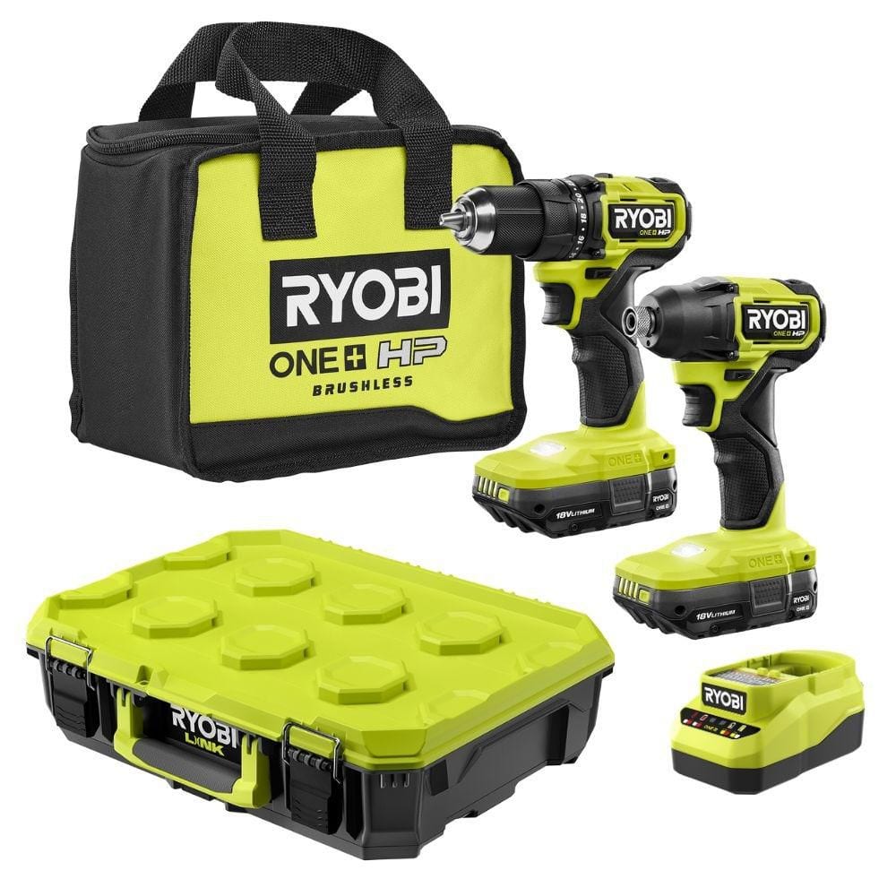 Ryobi "ONE+ HP 18V Brushless Compact 1/2"" Drill & Impact Driver Kit w/ (2) 1.5 Ah Batteries, Charger w/ LINK Standard Tool Box"