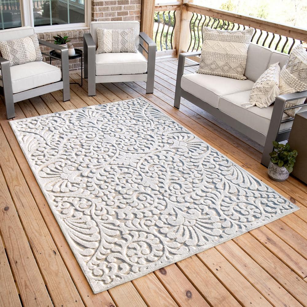 Natural Driftwood Floral Pattern Reversible Indoor/Outdoor Rug