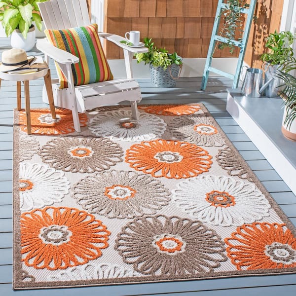 Cabana Beige/Orange 5 ft. x 8 ft. Floral Border Indoor/Outdoor Patio  Area Rug