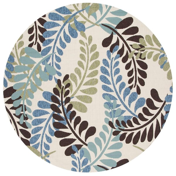 Veranda Cream/Aqua 7 ft. x 7 ft. Oversized Leaves Indoor/Outdoor Round Area Rug