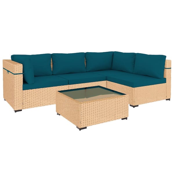 PATIOGUARDER 5-Piece Beige Wicker Patio Conversation Set with Lake Blue Cushions and Coffee Table