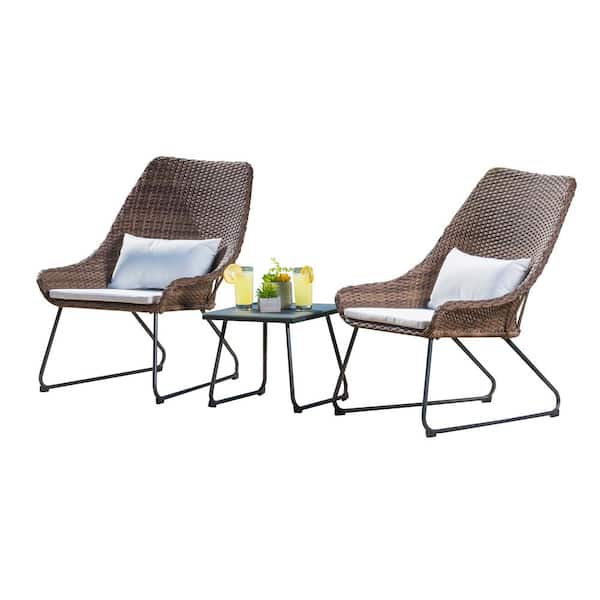 Royal Garden Woodbury 3-Piece Brown Wicker Patio Conversation Set with White Cushions