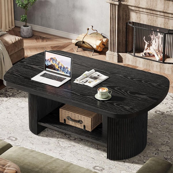 Allan 45.2 in. Black Rectangle Engineered Wood Fluted Coffee Table with Storage Shelf