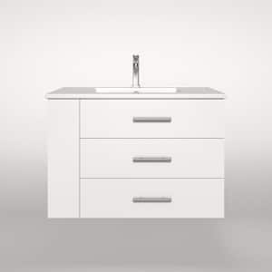 Rita 30.25 in. W Single Sink Wallmount Bath Vanity with White Ceramic Top Countertop in Matte White with Left Side Shelf