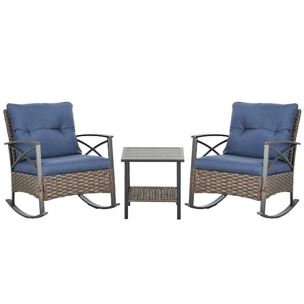 Outsunny Gray 3-Piece Wicker Outdoor Bistro Set with Dark Blue Cushion