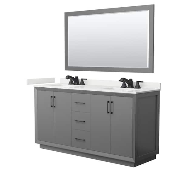 Wyndham Collection Strada 66 in. W x 22 in. D x 35 in. H Double Bath Vanity in Dark Gray with White Quartz Top and 58 in. Mirror