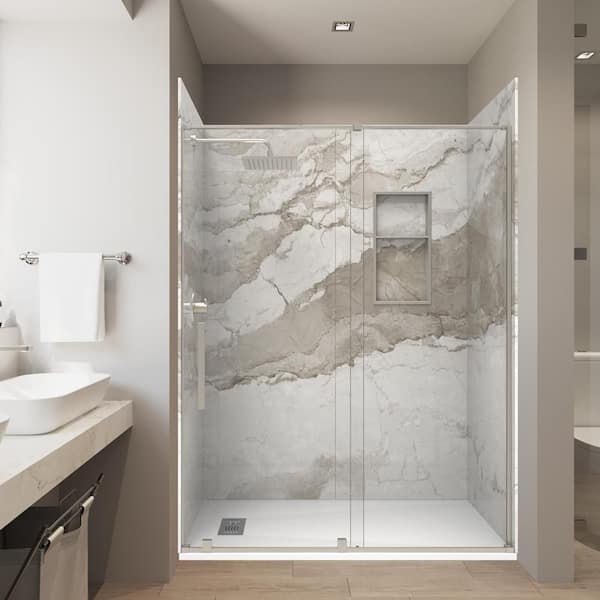 Italian Beige 32 in. x 60 in. x 84 in.Combosolid Composite Stonealcove Showerkit Matching Brushed Nickel Doorniche Drain