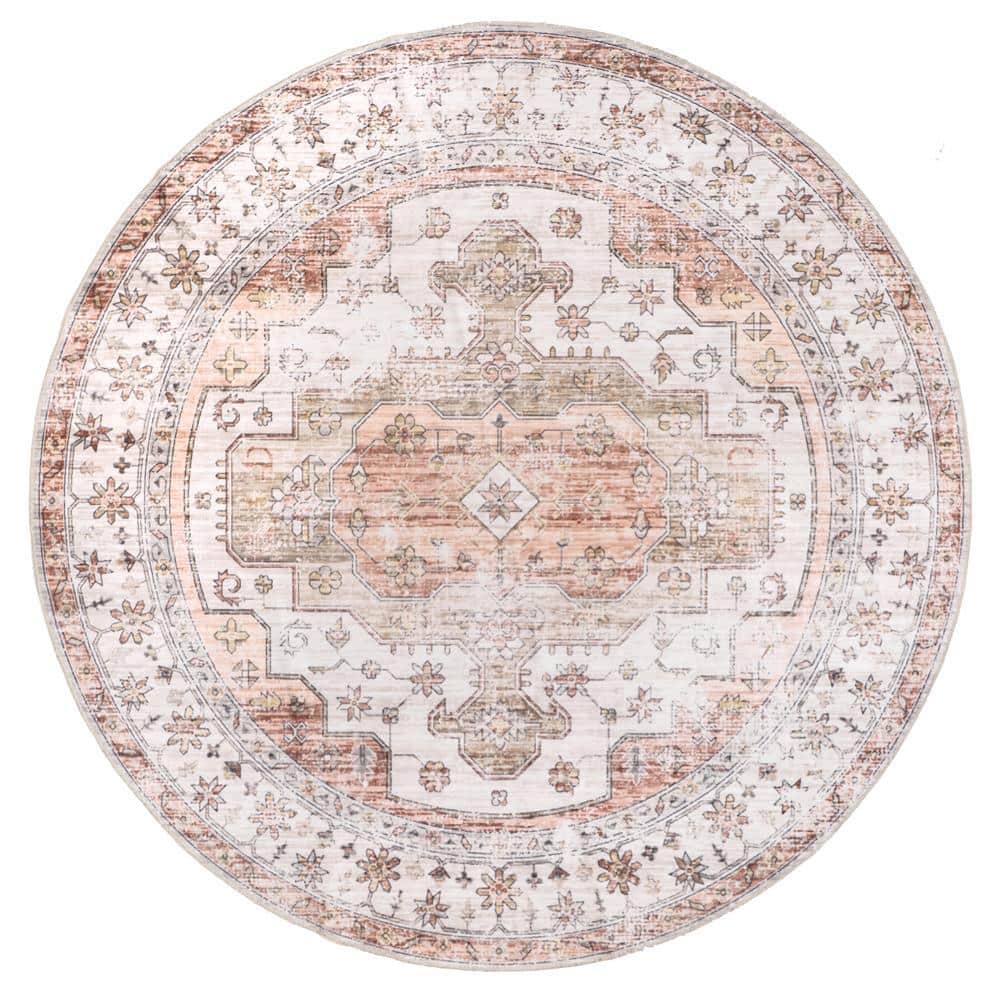 Vintage Beige and Tan Round Synthetic Washable Area Rug, 6'