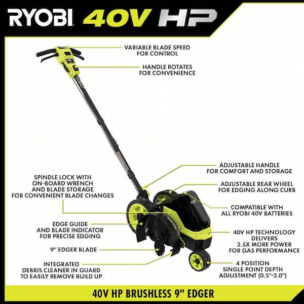 RYOBI RY40760-AC 40V HP Brushless 9 in. Edger w/ Extra Edger Blade, 4.0 Ah Battery and Charger - 3