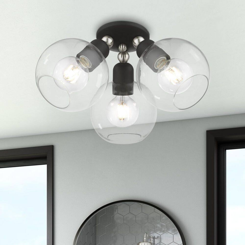 Downtown 3-Light Black and Brushed Nickel Globe Flush Mount