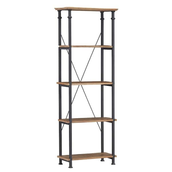 HomeSullivan 74.5 in. H Rustic Oak Vintage Industrial 4-Shelf 26 in. Standard Bookcase